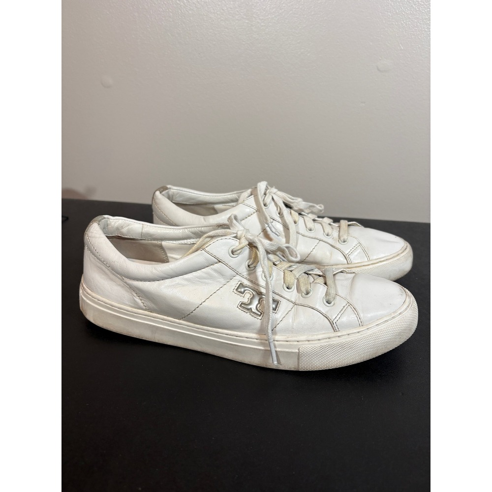 Tory Burch White Leather Low Top Sneakers Silver Logo Lace Up 6098 Size 9M